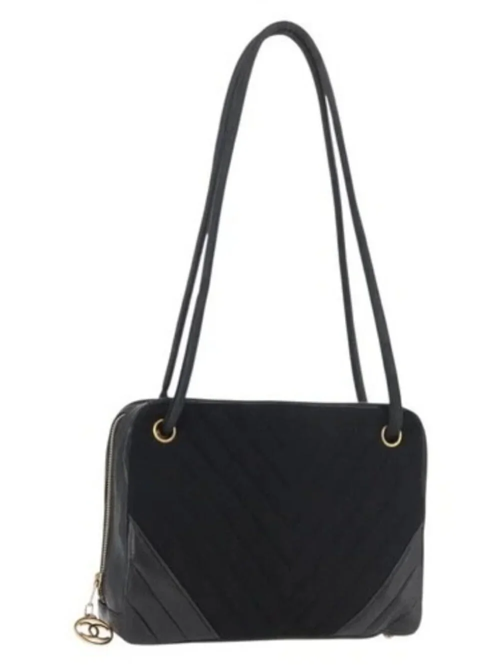 CHANEL V Stitch Shoulder Bag Cotton Black Gold CC Auth bs35307